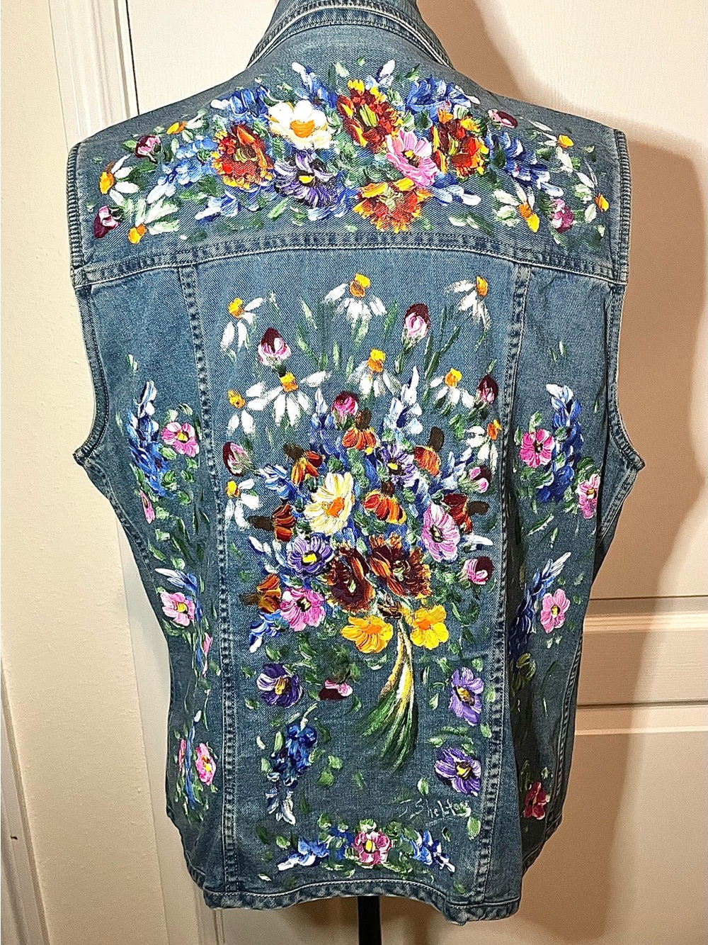 vintage St. John's Bay painted denim vest - Picture 3 of 7